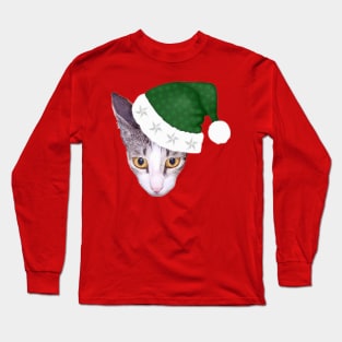 Cute Cat In Green Christmas Hat Long Sleeve T-Shirt